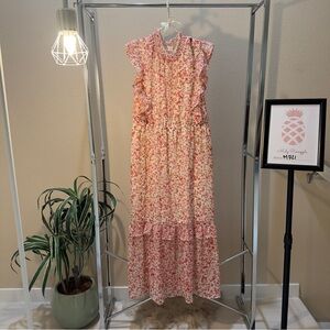 Caslon size L high-neck ruffle red/pink floral maxi dress